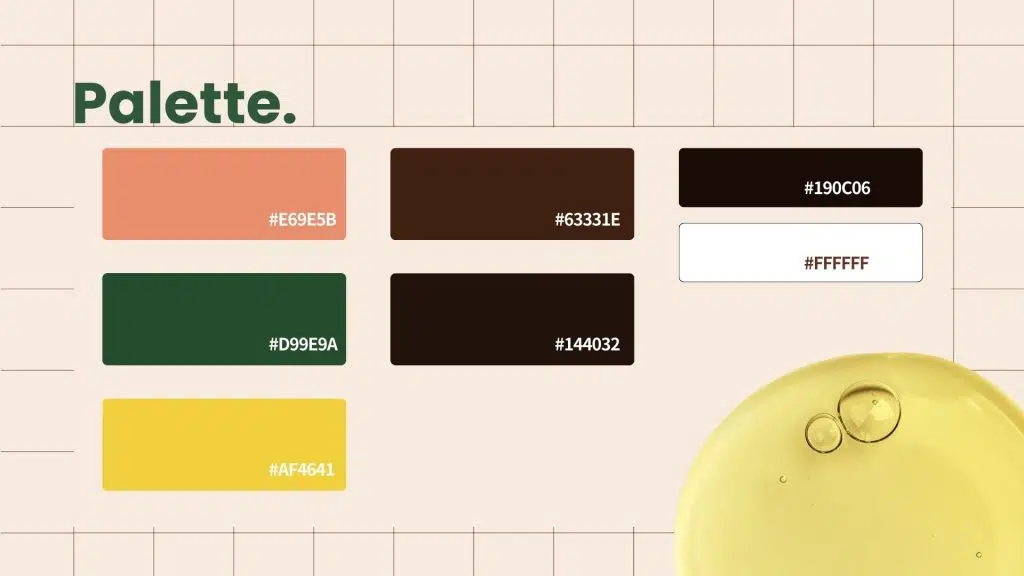 Palette de couleurs de la marque Oliana, montrant six échantillons de couleur avec leurs codes hexadécimaux sur fond beige à grille et une goutte d'huile à droite.