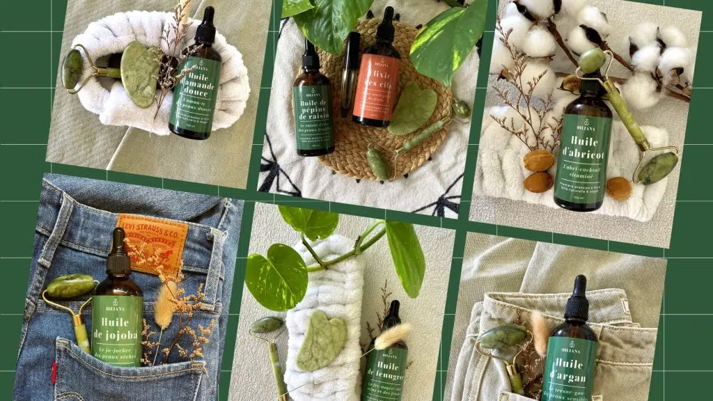 Montage de photos présentant différentes huiles végétales de la marque oliana, posées avec des rouleaux de jade et des plantes sur des arrière-plans naturels.