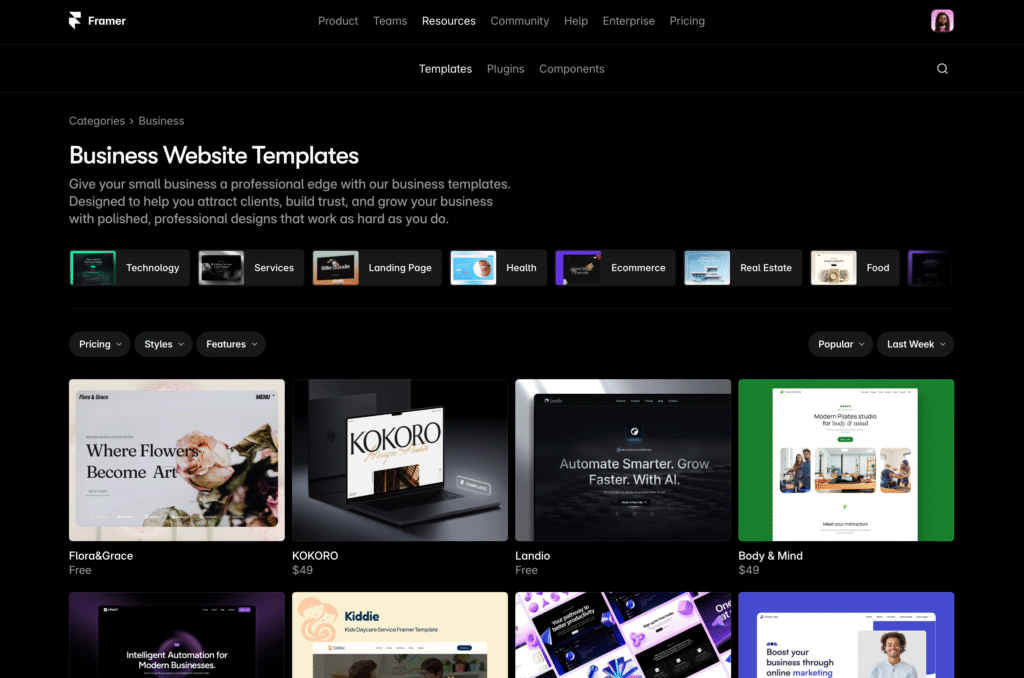 galerie de template sur framer