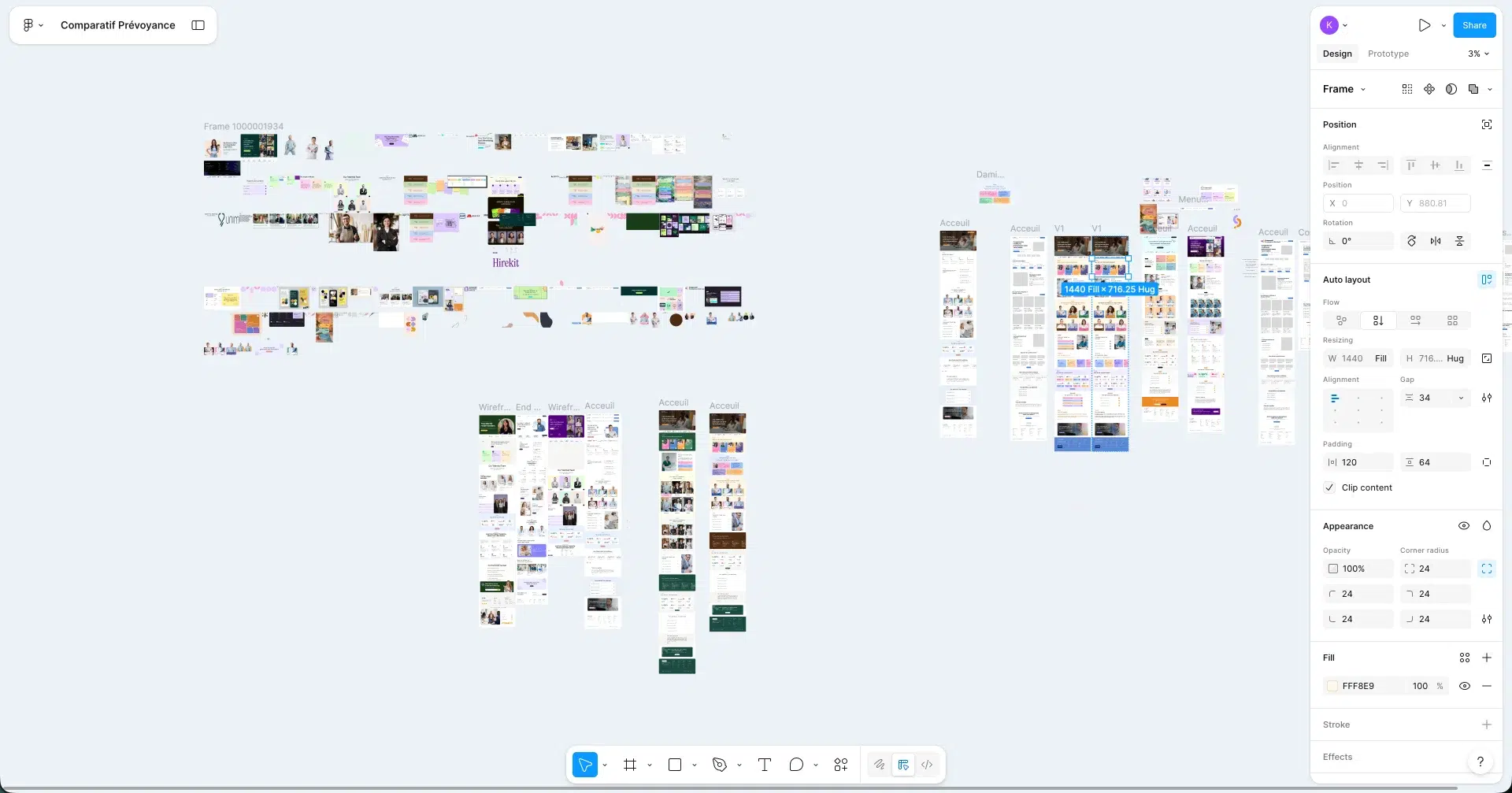 Capture d'écran de l'interface Figma montrant plusieurs plans de travail pour la conception d'une maquette web.