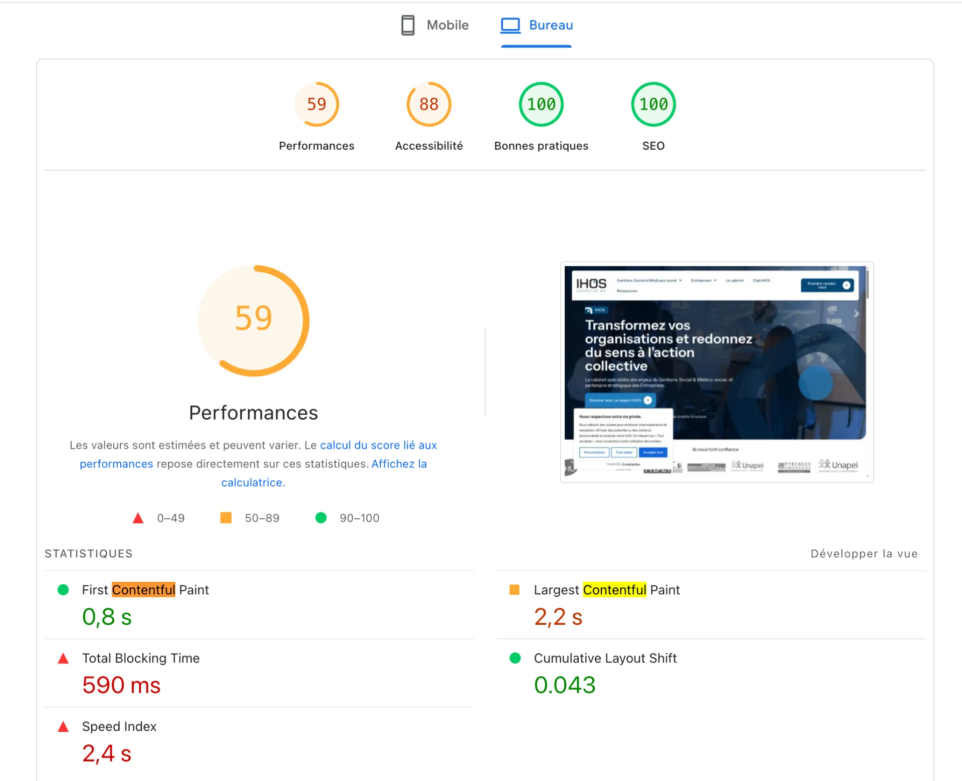 Tableau d'analyse des performances web d'un site, incluant des scores pour les performances, l'accessibilité, les bonnes pratiques et le SEO. Le score de performance pour le bureau est de 59/100, avec des détails sur le First Contentful Paint, le Total Blocking Time et le Speed Index.