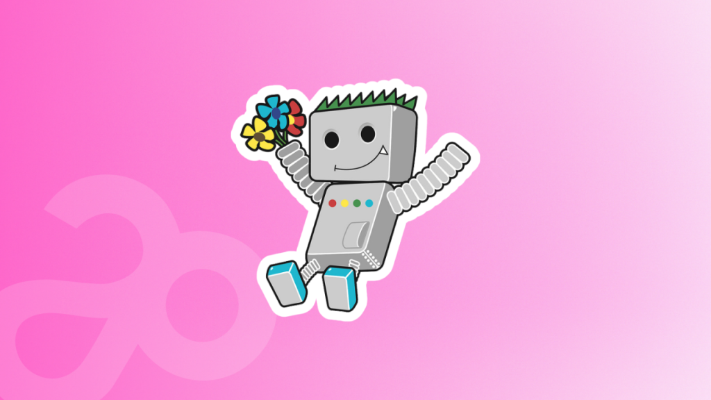 Illustration d'un robot souriant avec une tête en herbe tenant un bouquet de fleurs colorées sur un fond rose.