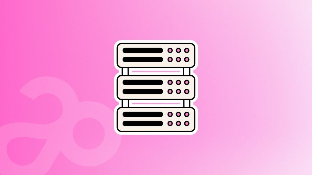 Illustration de trois serveurs empilés sur un fond rose avec un motif de boucle en filigrane.