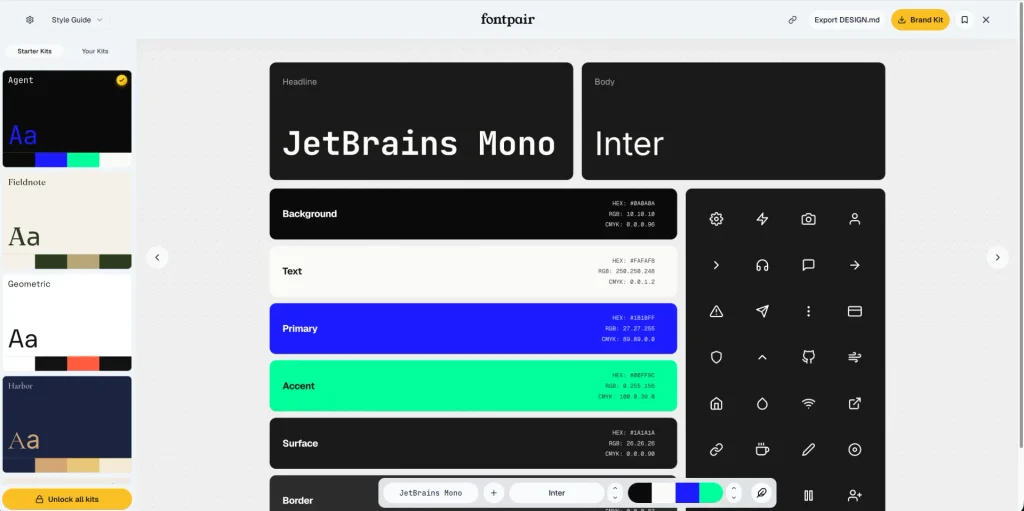 Capture d'écran d'un guide de style Fontpair montrant les polices JetBrains Mono et Inter, les couleurs primaires et d'accent, ainsi qu'une grille d'icônes.