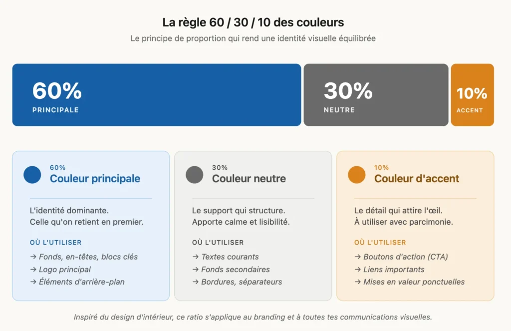 Schéma expliquant la règle 60/30/10 des couleurs pour un design équilibré : 60% couleur principale, 30% neutre, 10% accent. Détails sur l'utilisation de chaque couleur.