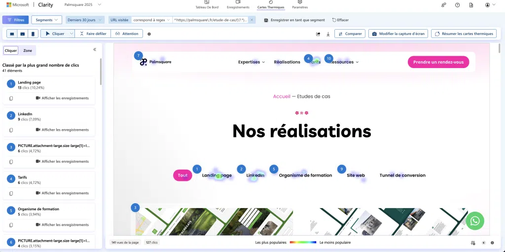 Carte de chaleur Microsoft Clarity : analyse des clics sur un site web