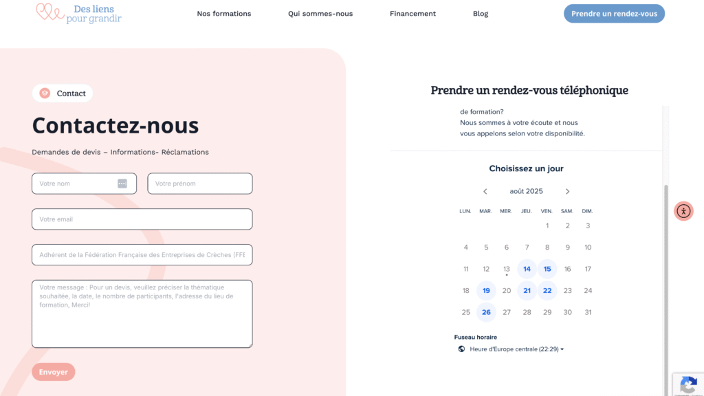 page contact avec un formulaire et un agenda de rendez-vous