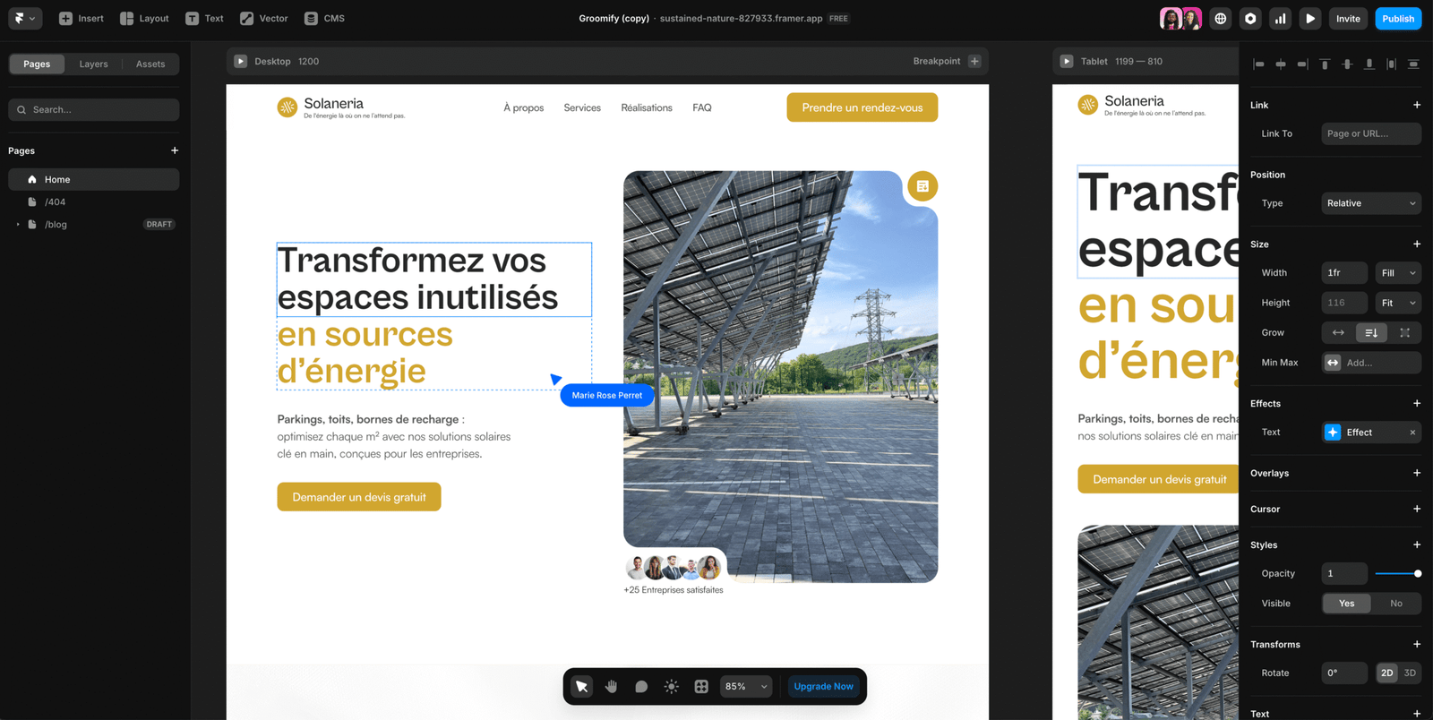capture d'ecran de l'éditeur du CMS framer en mode collaboration