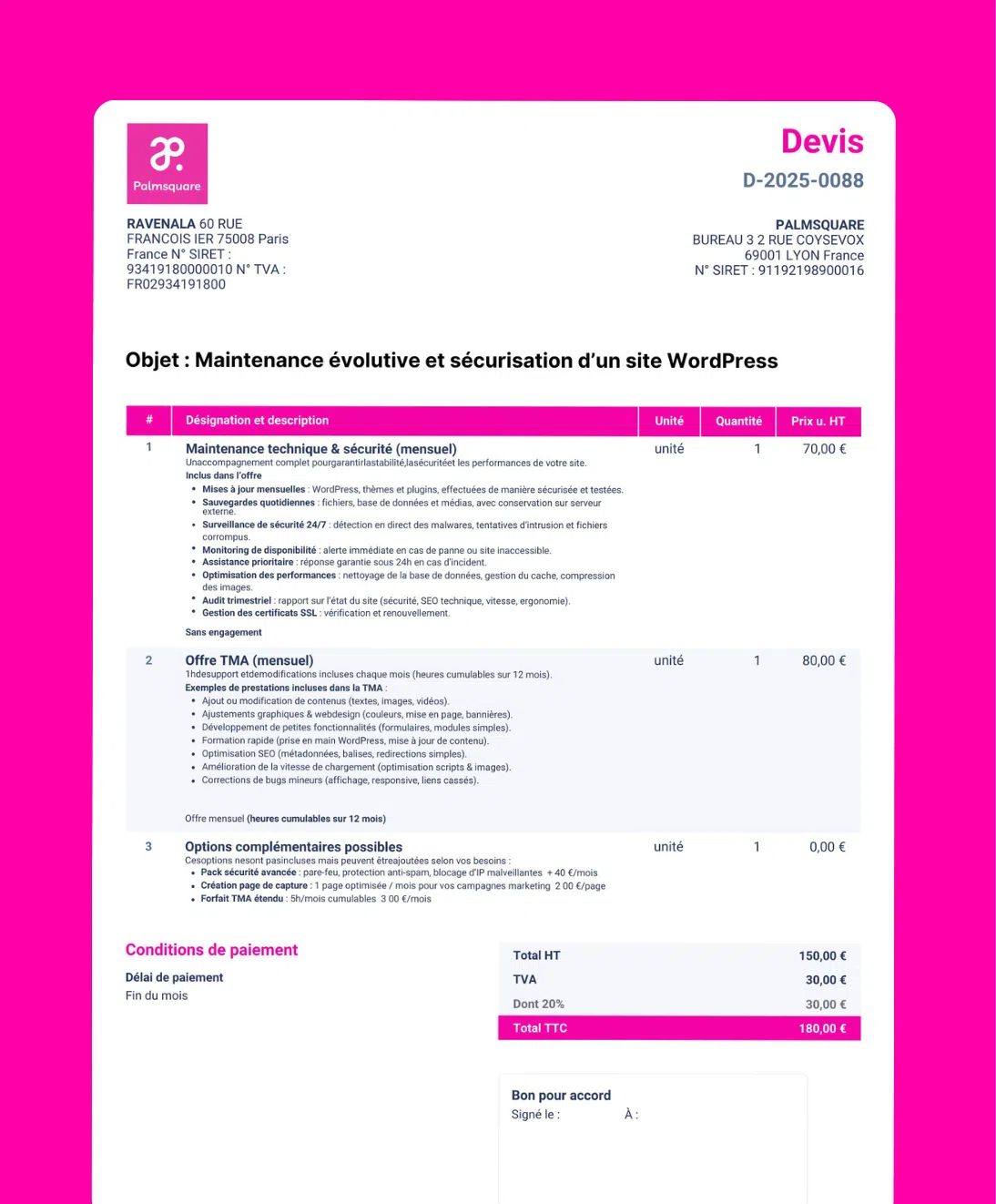 Exemple de devis, maintenance site wordpress