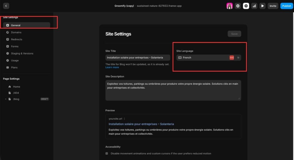 Changer langue d'un site framer