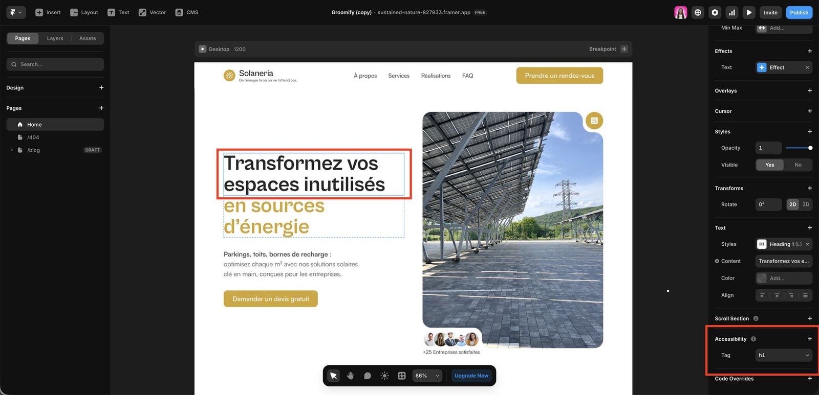 Modifier Hiérarchie des titres sur framer