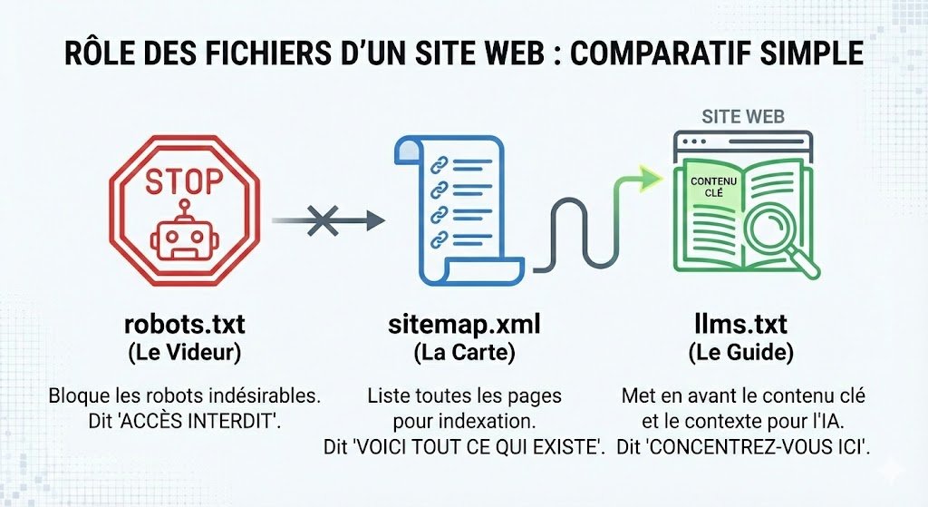 Infographie intitulée "Rôle des fichiers d'un site web : comparatif simple". Elle compare trois fichiers via des icônes et du texte. À gauche, en rouge, le "robots.txt (Le Videur)" bloque les robots indésirables en disant "ACCÈS INTERDIT". Au centre, en bleu, le "sitemap.xml (La Carte)" liste toutes les pages pour l'indexation en disant "VOICI TOUT CE QUI EXISTE". À droite, en vert, le "llms.txt (Le Guide)" met en avant le contenu clé pour l'IA en disant "CONCENTREZ-VOUS ICI", avec une flèche pointant spécifiquement vers une section "contenu clé" dans l'icône du site web.