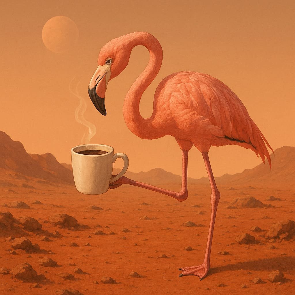 image générer avec l'ia de chat gpt illustran un flamant rose qui boit un café sur mars