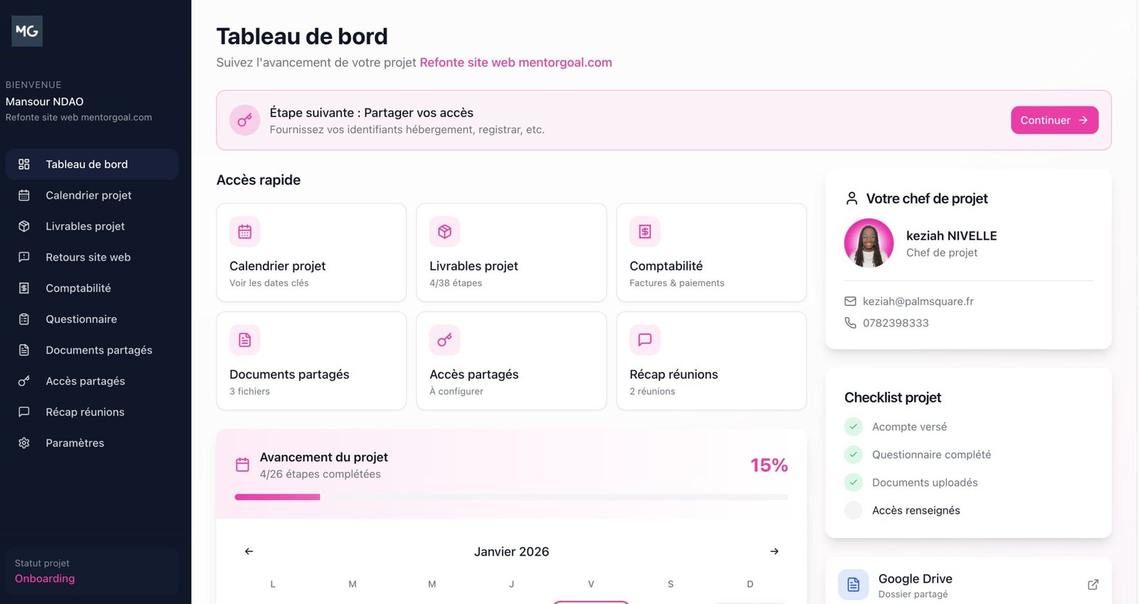 Espace client palmsquare, pour que nos clients suivent leur process projet