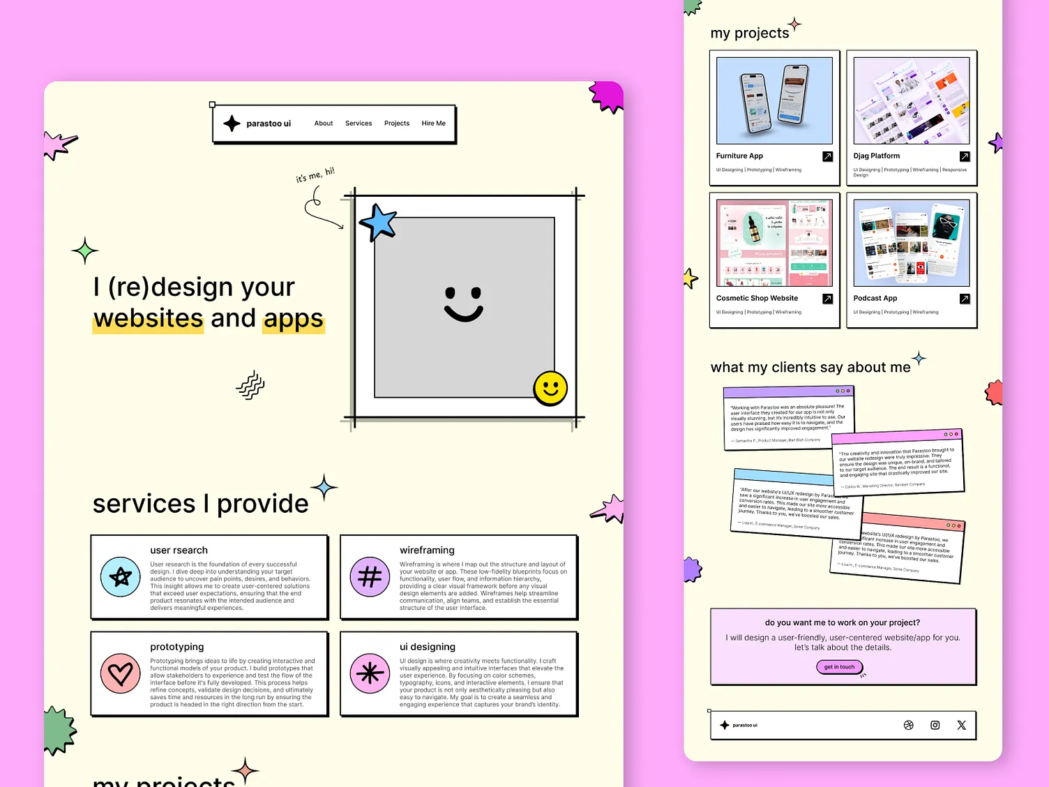 Exemple de design tendance en 2026 , desing brutaliste avec des illustrations douces