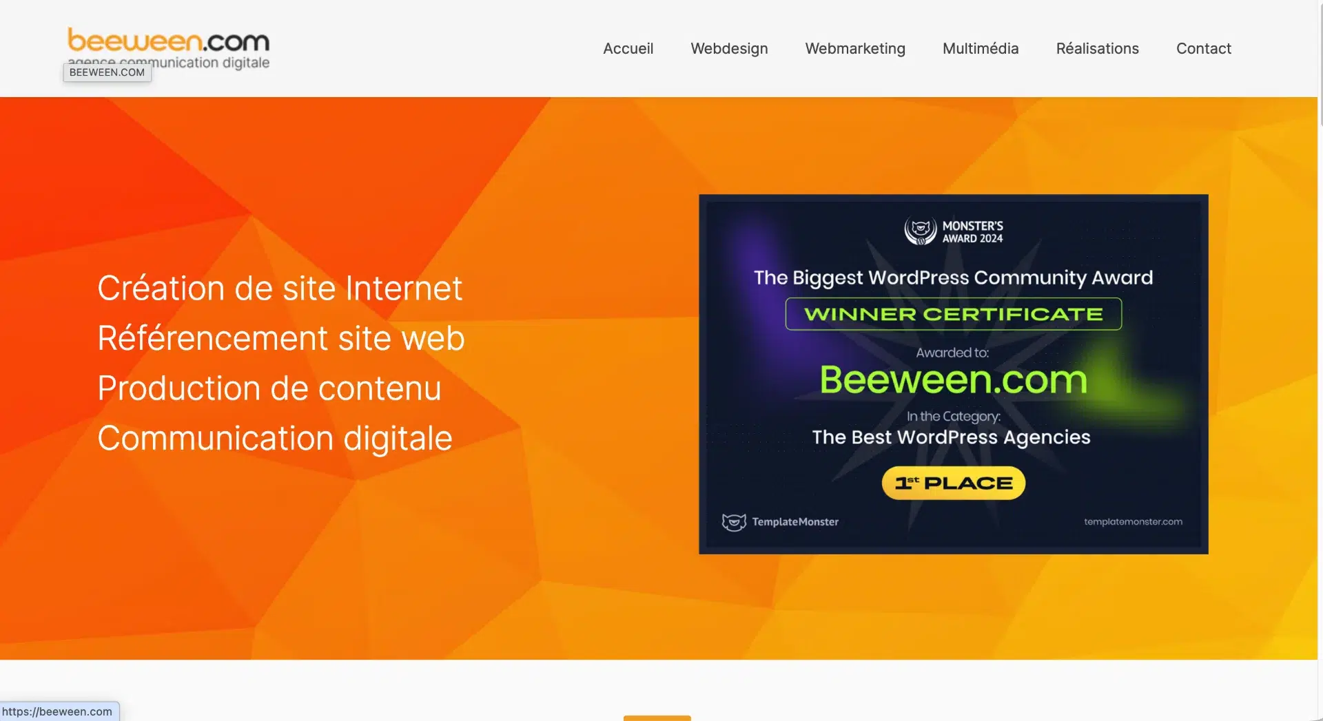 Capture d'écran du site Beeween affichant le prix Monster's Award 2024 de la meilleure agence WordPress.