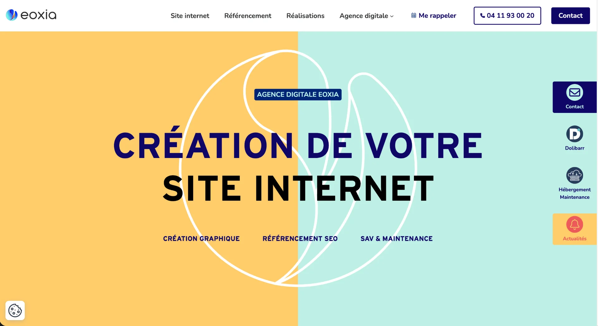 Capture d'écran du site Eoxia avec le texte Création de votre site internet sur fond bicolore jaune et vert d'eau.
