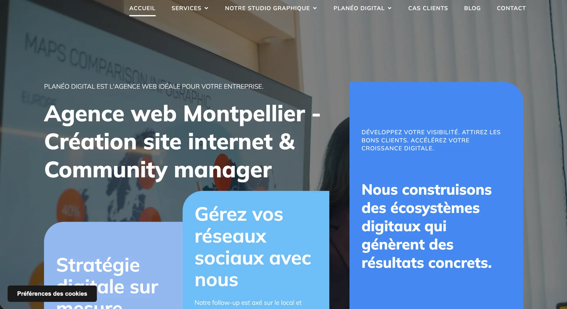 Page d'accueil de l'agence web Planeo Digital à Montpellier spécialisée en création de sites et community management.