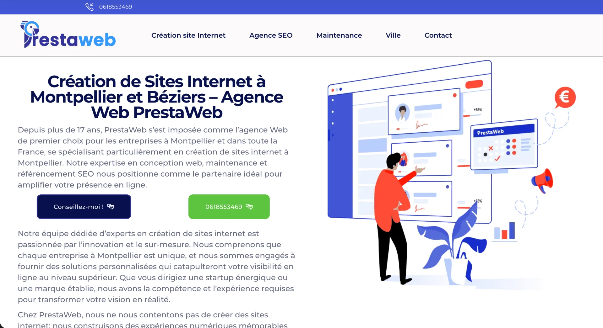 Capture d'écran du site PrestaWeb présentant ses services de création de sites internet et SEO à Montpellier.