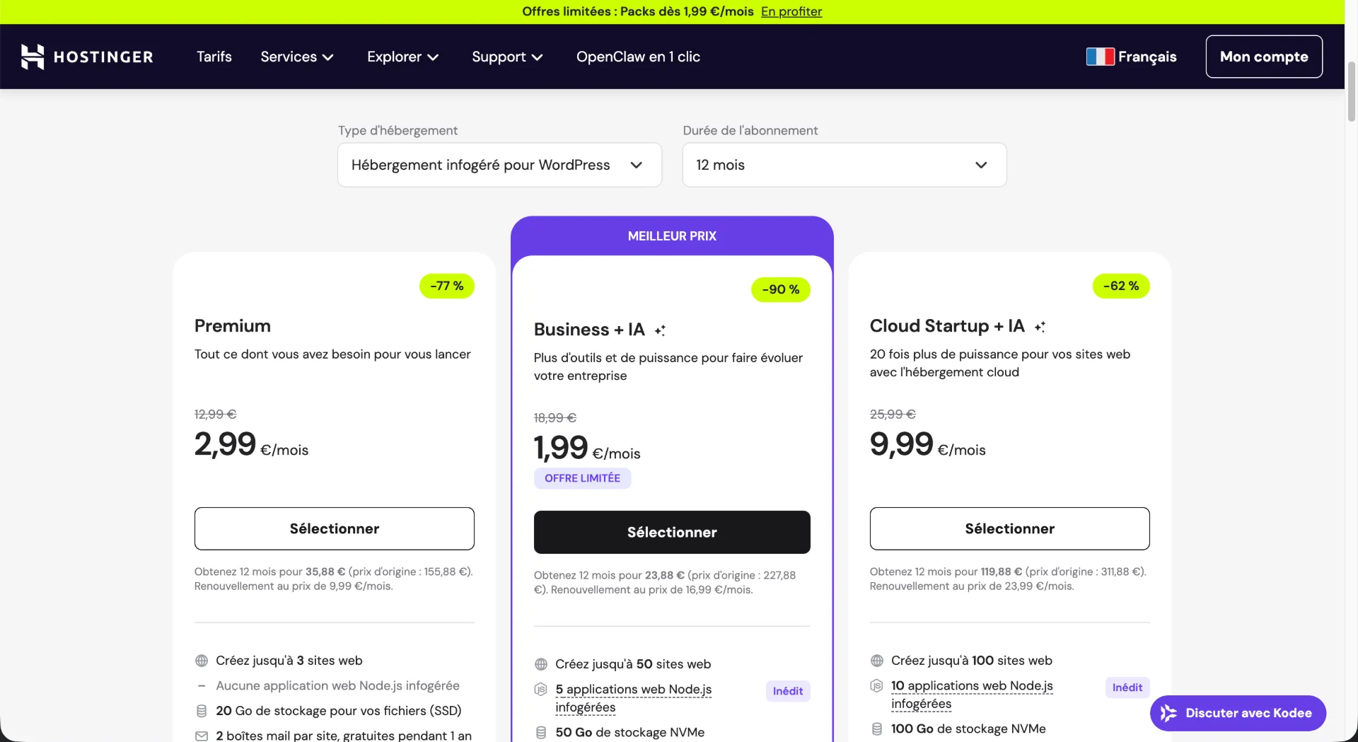 Comparaison des plans d'hébergement web Hostinger: Premium, Business+IA et Cloud Startup+IA, avec prix et caractéristiques détaillés.