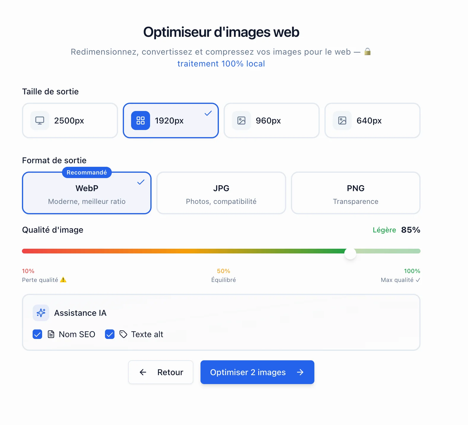 Interface logicielle d'un optimiseur d'images affichant les réglages de taille, format WebP et curseur de qualité.