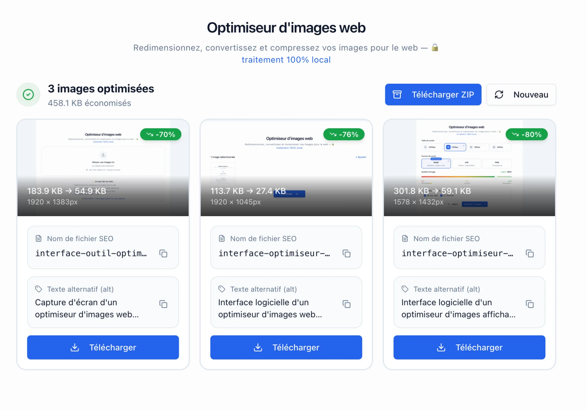 Capture d'écran d'un outil en ligne montrant trois images compressées avec leurs statistiques de réduction de poids.