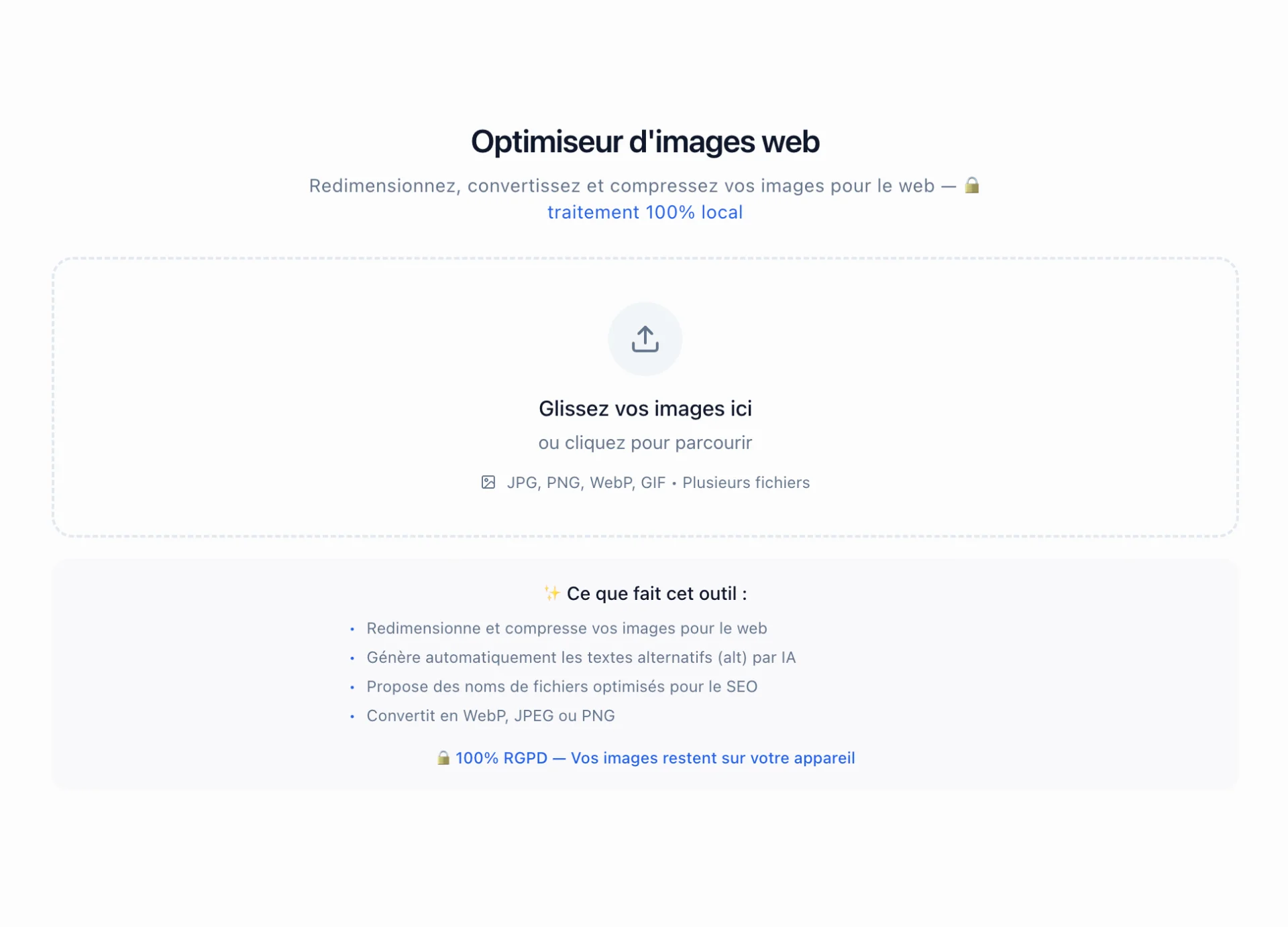 Capture d'écran d'un optimiseur d'images web avec zone de dépôt de fichiers et liste des fonctionnalités SEO et RGPD.