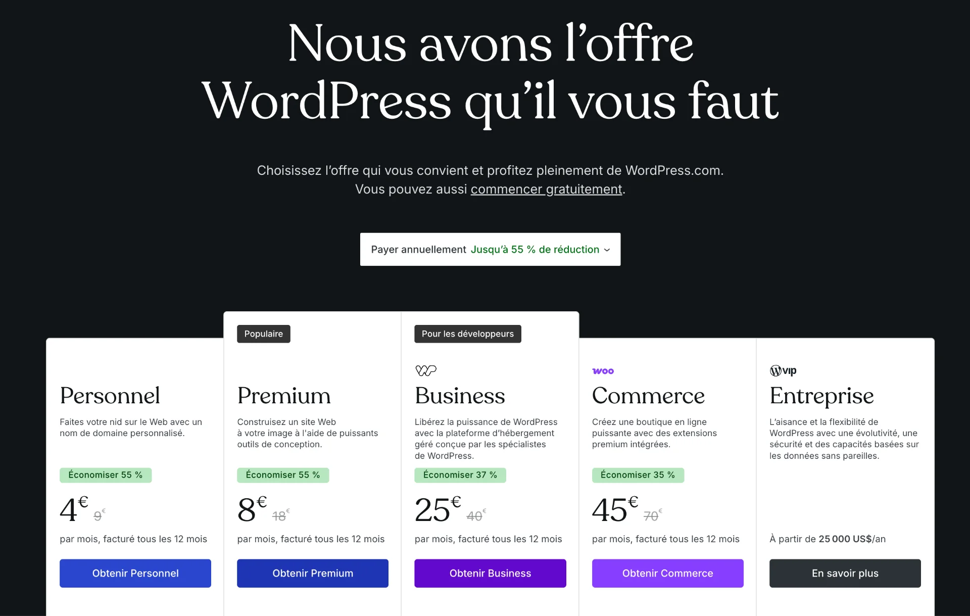 Tableau comparatif des prix des forfaits WordPress : Personnel, Premium, Business, Commerce et Entreprise.