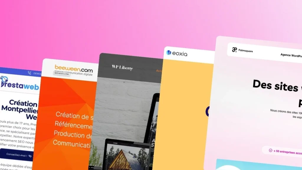 Série de captures d'écran de sites web créés par une agence WordPress sur un fond rose dégradé.