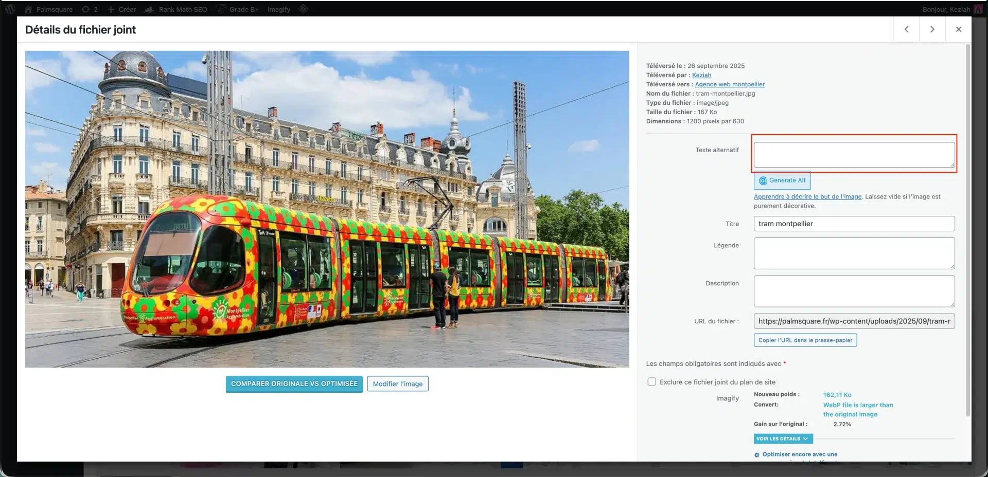 Dhasboard de wordpress pour ajouter un balise alt sur une image