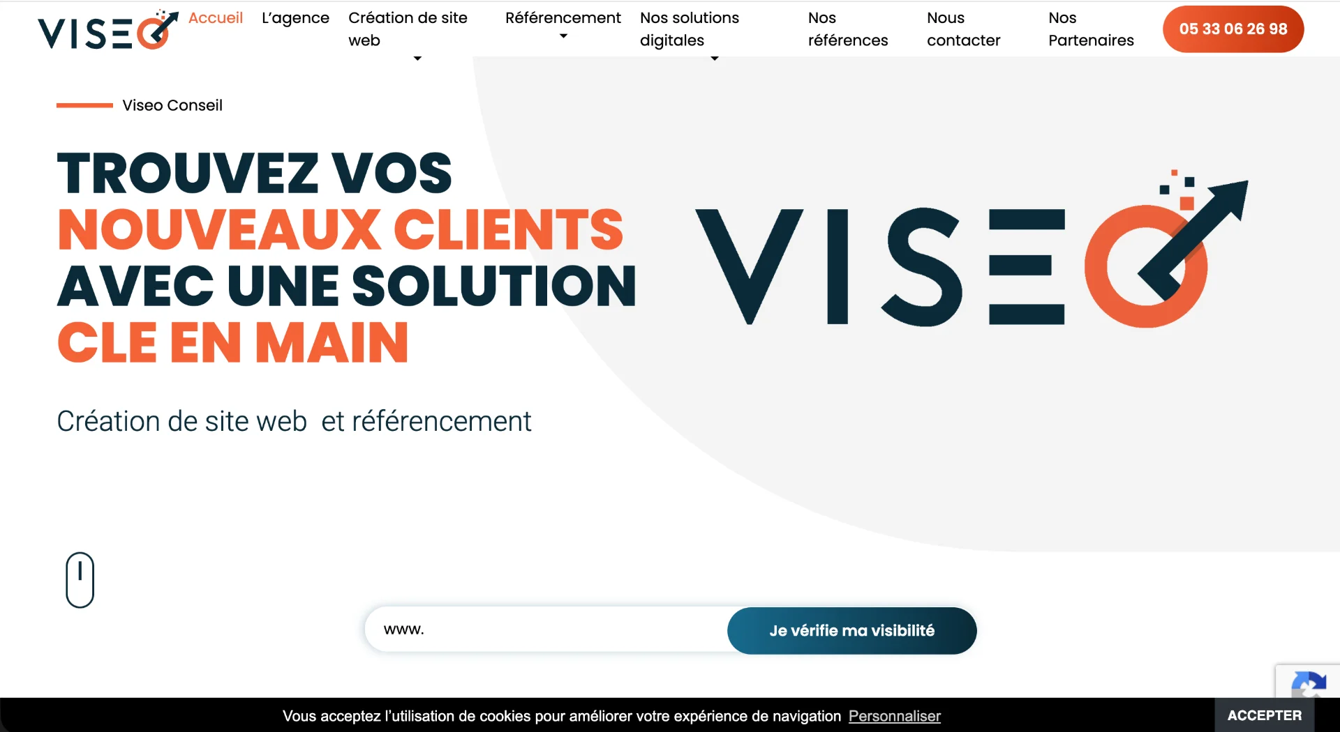 Page d'accueil Viseo Conseil : solution pour trouver des clients via la création de site web et le référencement.