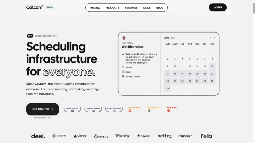 Page d'accueil de Cal.com, présentant le slogan "Scheduling infrastructure for everyone" et un exemple de calendrier de prise de rendez-vous pour juin 2024.