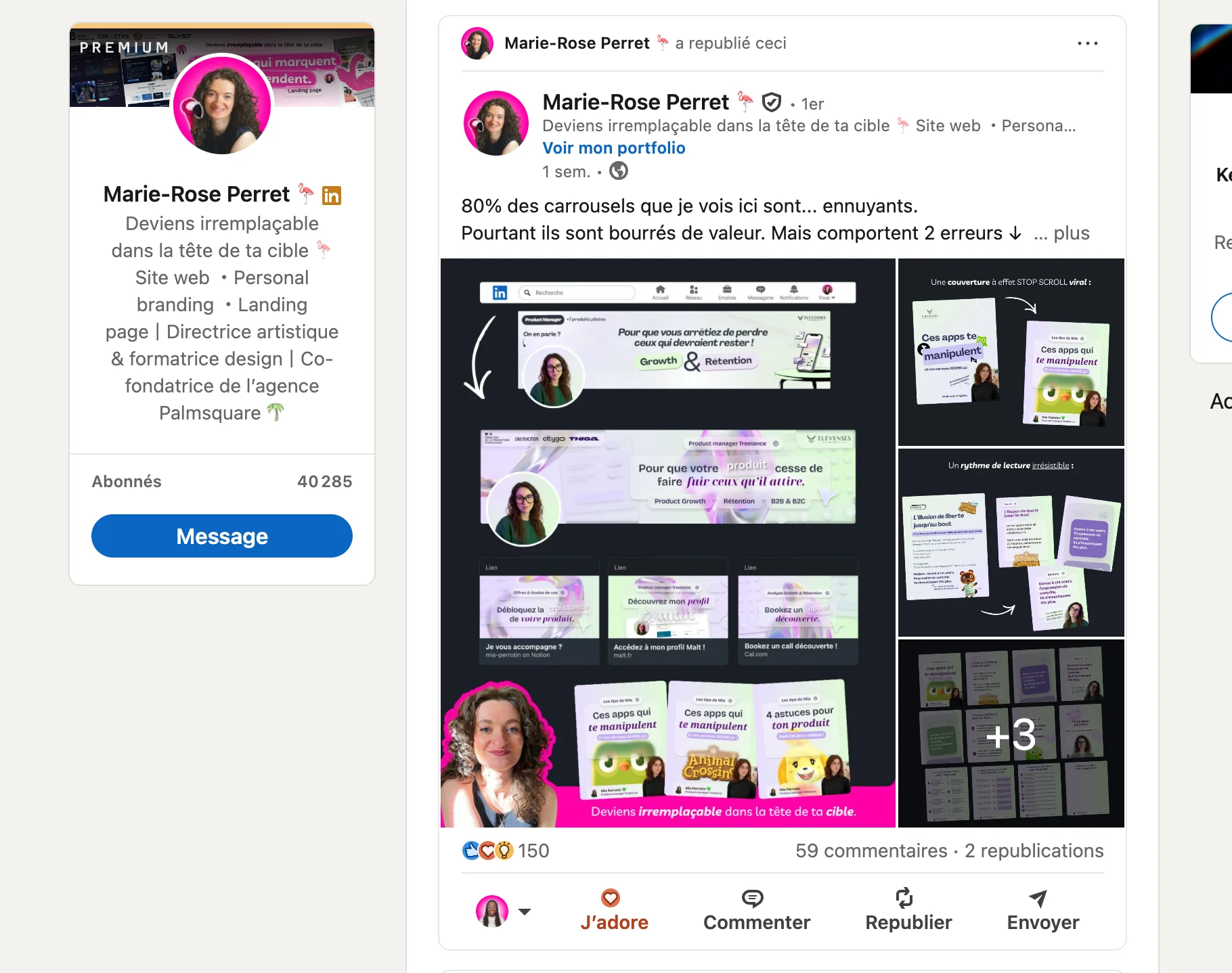 Profil LinkedIn de Marie-Rose Perret, créatrice de contenu et formatrice, montrant des exemples de son travail et de ses compétences en branding.