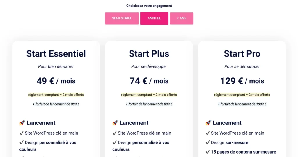 Tableau comparatif des offres wp marmite start web : Start Essentiel, Start Plus et Start Pro, avec prix et caractéristiques.
