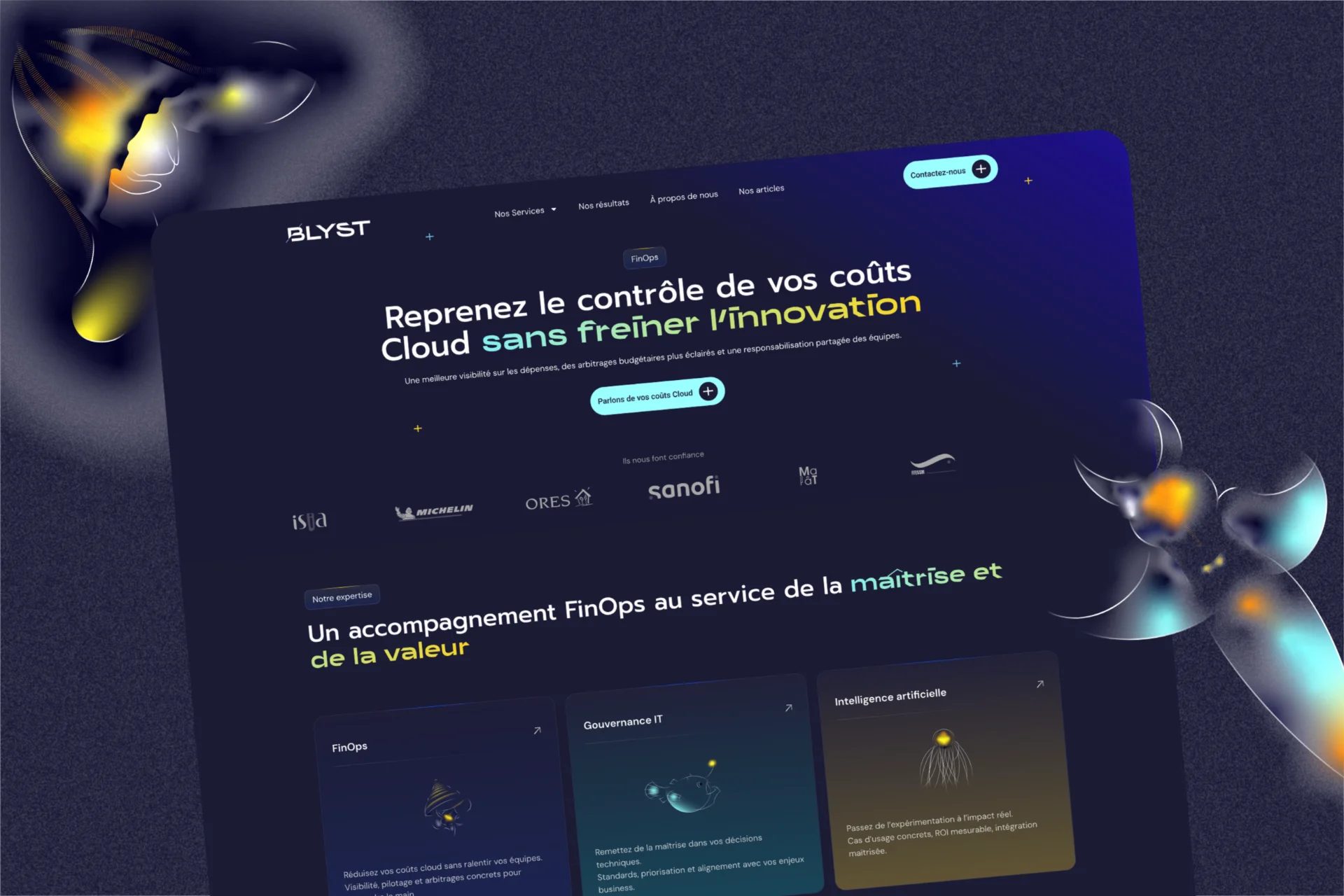 Page d'accueil du site BLYST présentant le slogan 'Reprenez le contrôle de vos coûts Cloud sans freiner l'innovation', avec logos d'entreprises clientes et trois encadrés sur la FinOps, la Gouvernance IT et l'Intelligence Artificielle.