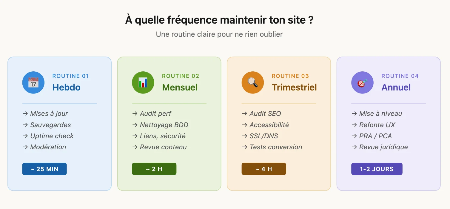 Tableau présentant les routines de maintenance de site web : hebdomadaire, mensuelle, trimestrielle et annuelle, avec les tâches et durées estimées.