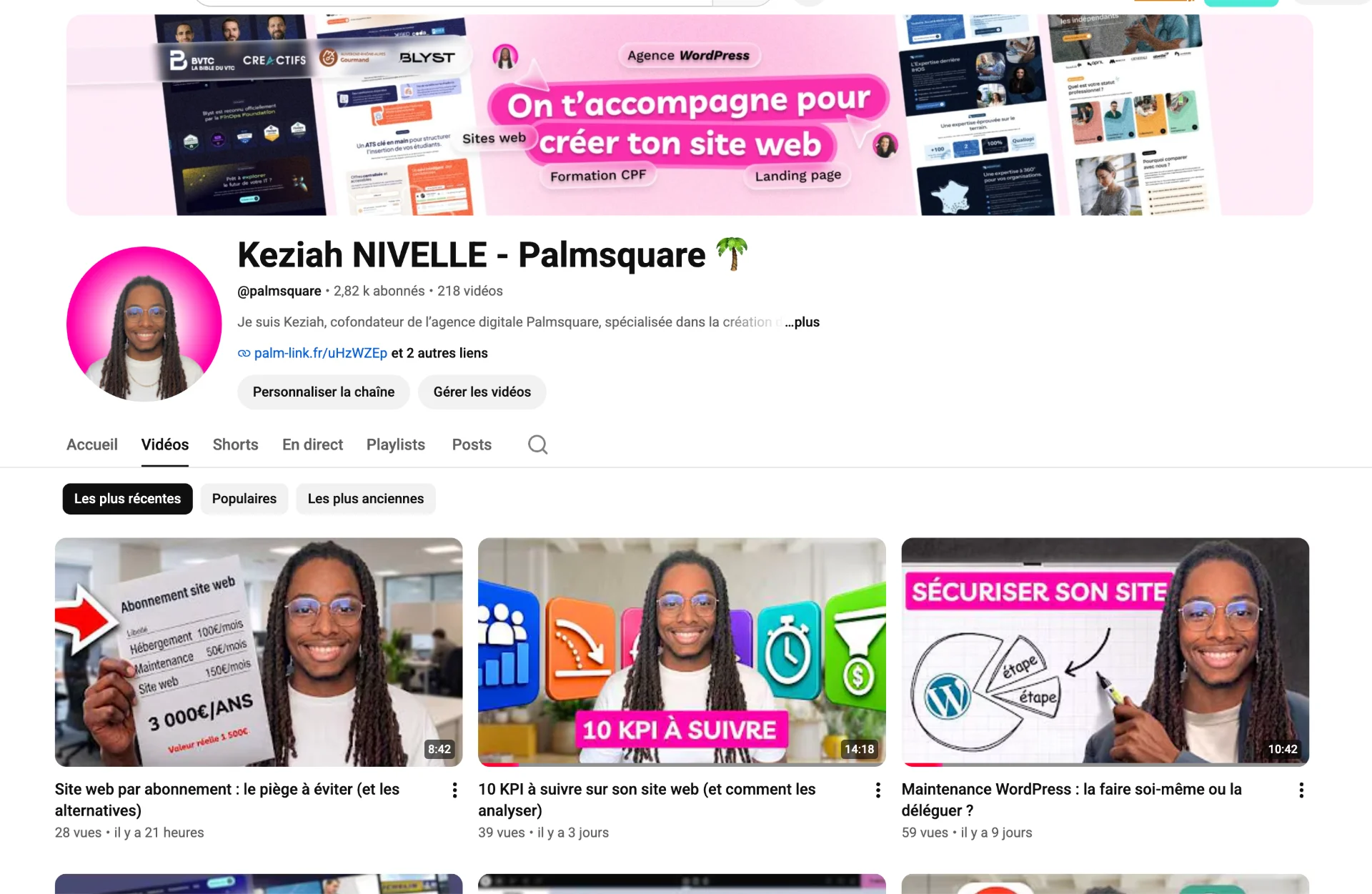 Page YouTube de Keziah NIVELLE de Palmsquare, présentant des vidéos sur la création et la maintenance de sites web.