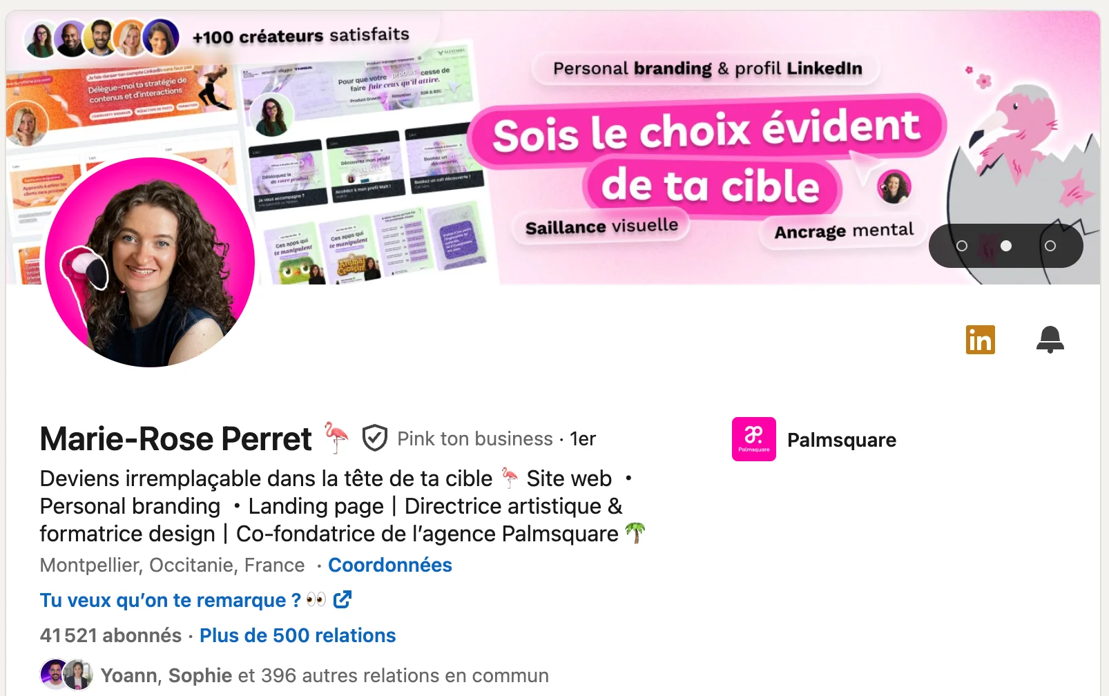 Portrait de Marie-Rose Perret, experte en personal branding et design, avec un visuel promotionnel pour son entreprise Palmsquare.
