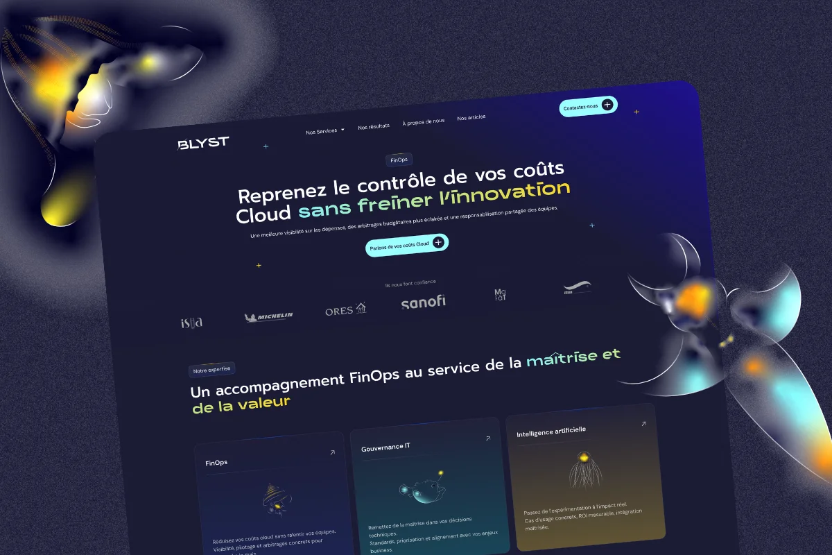 Page d'accueil du site BLYST présentant le slogan 'Reprenez le contrôle de vos coûts Cloud sans freiner l'innovation', avec logos d'entreprises clientes et trois encadrés sur la FinOps, la Gouvernance IT et l'Intelligence Artificielle.