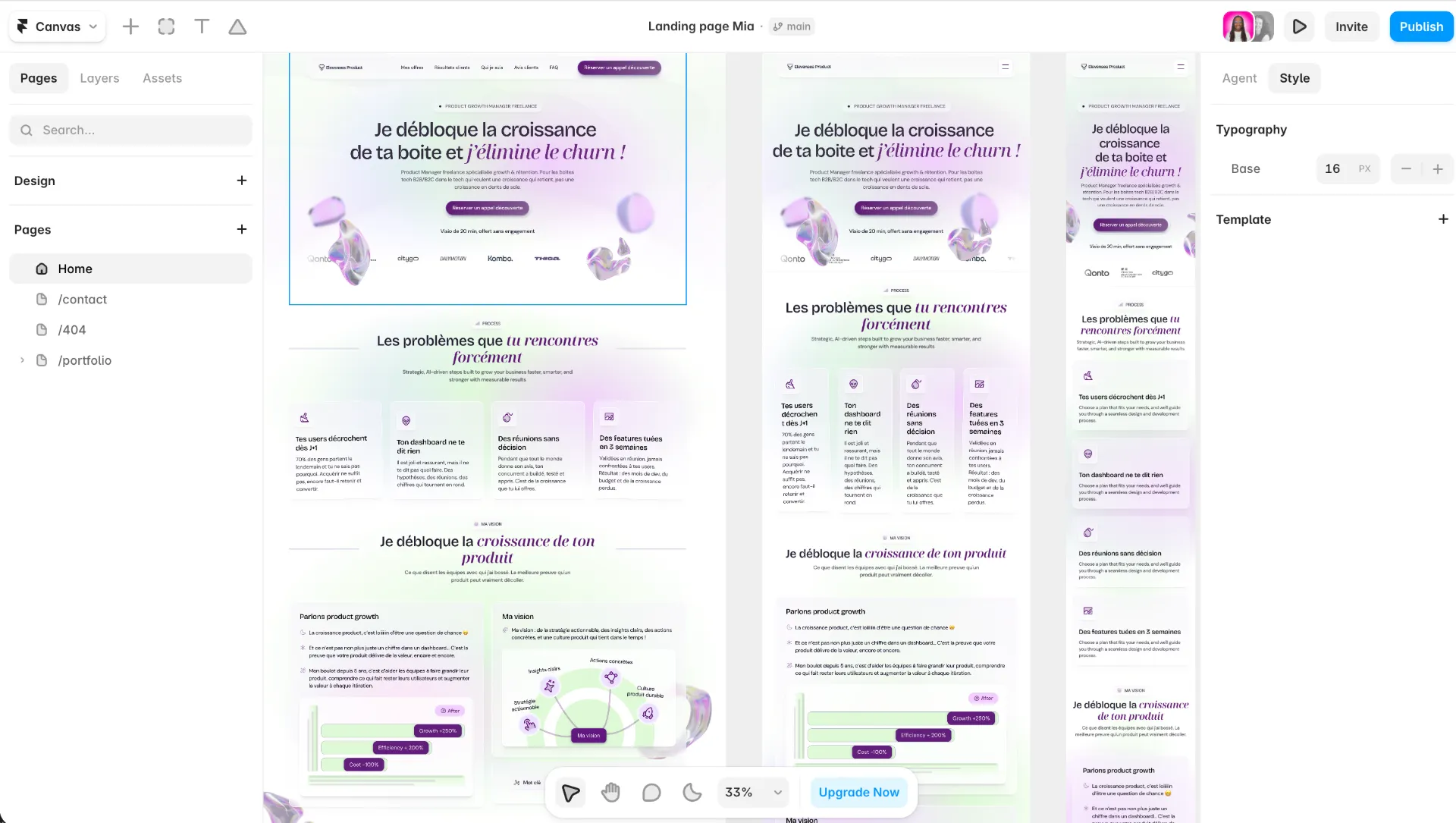 Aperçu de l'interface de framer montrant différentes vues d'une landing page en cours de création.