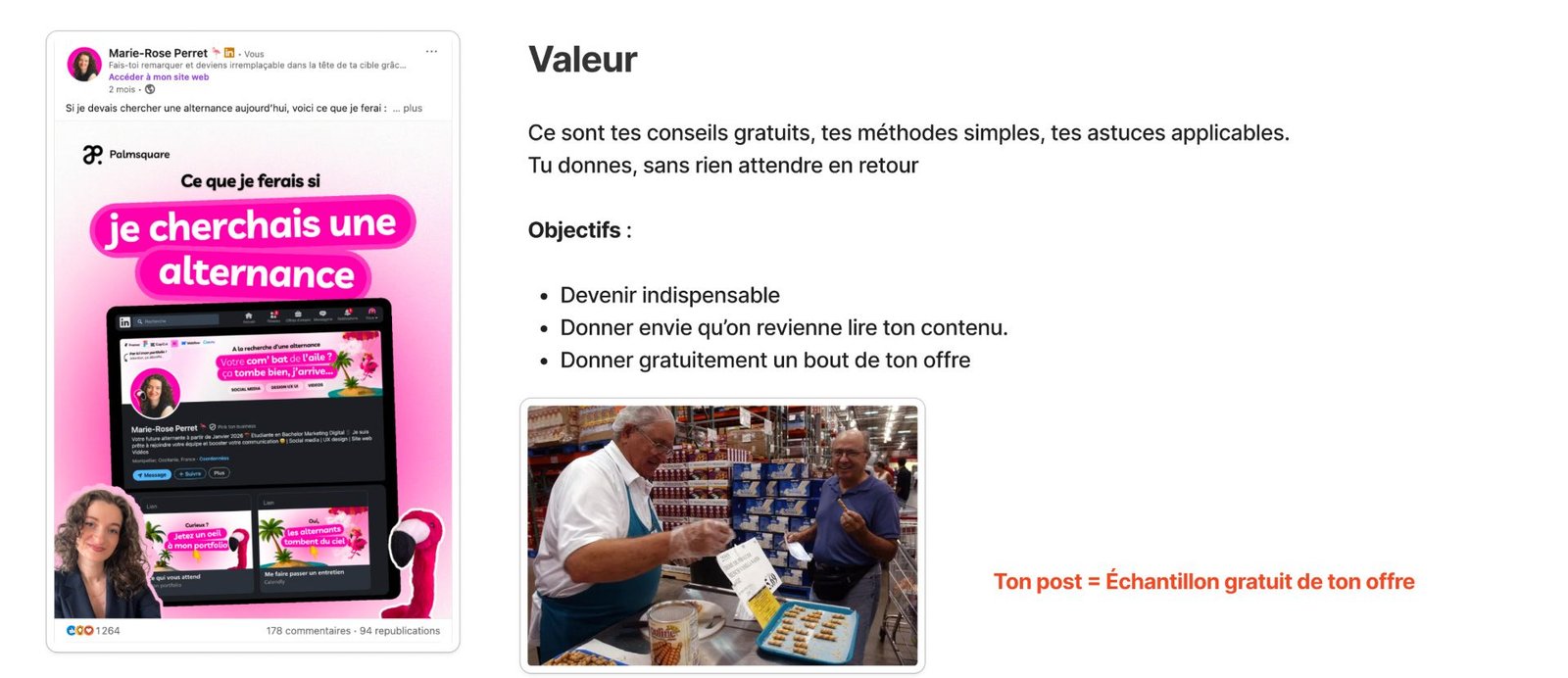 Publication sur les réseaux sociaux sur la valeur des conseils gratuits et l'objectif d'offrir un échantillon gratuit pour attirer les clients.