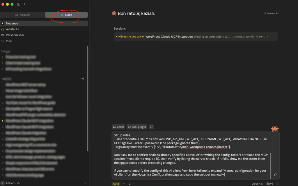Capture d'écran d'une interface de développement montrant la configuration de l'intégration WordPress Claude MCP.