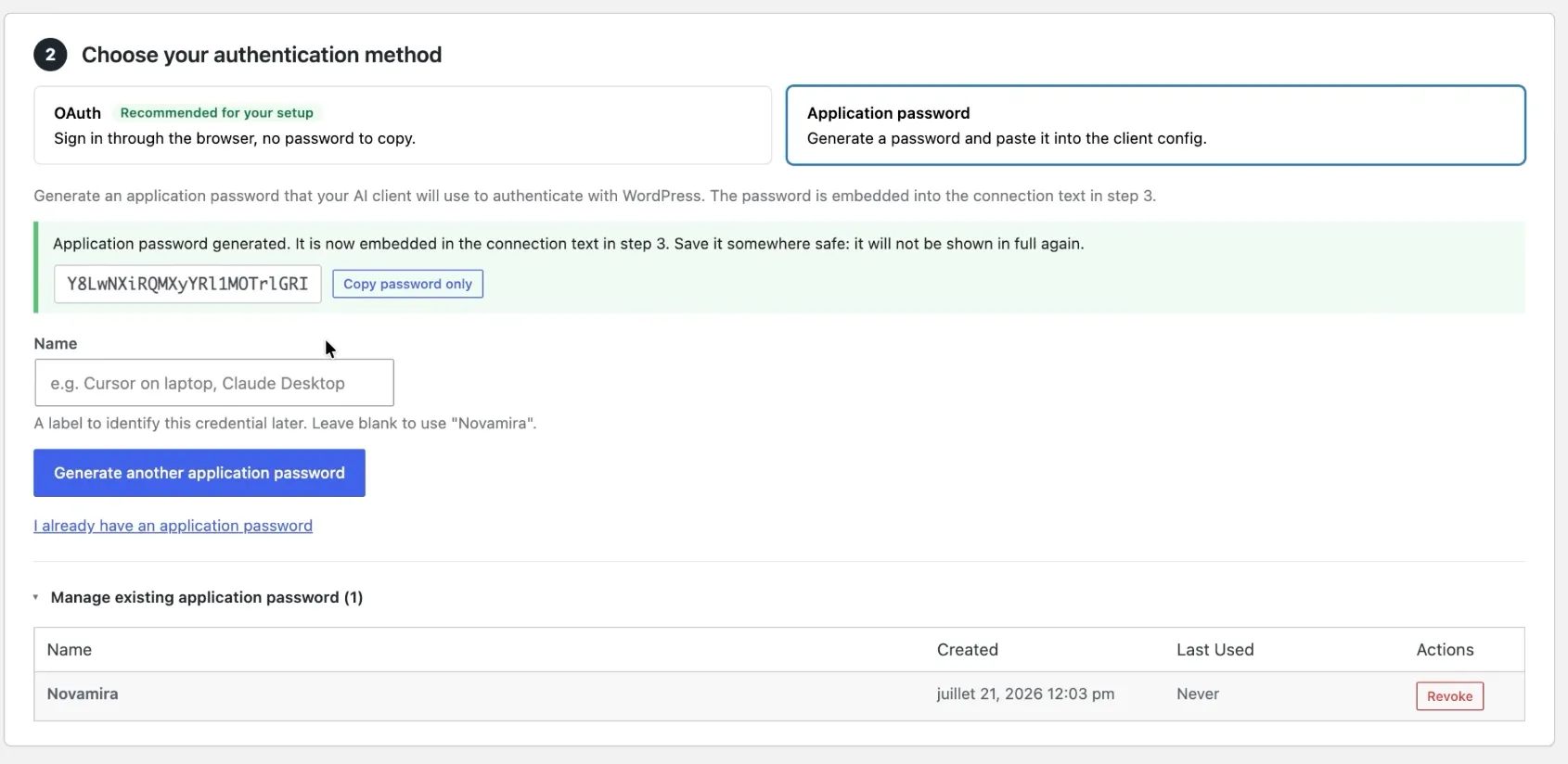 Écran de sélection de méthode d'authentification avec un mot de passe d'application généré pour un client IA avec WordPress.