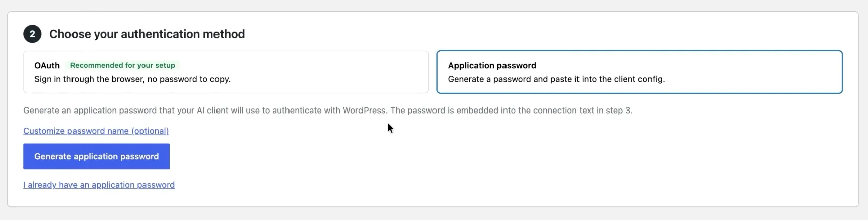 Écran de configuration pour choisir une méthode d'authentification: OAuth recommandé ou mot de passe d'application pour WordPress.