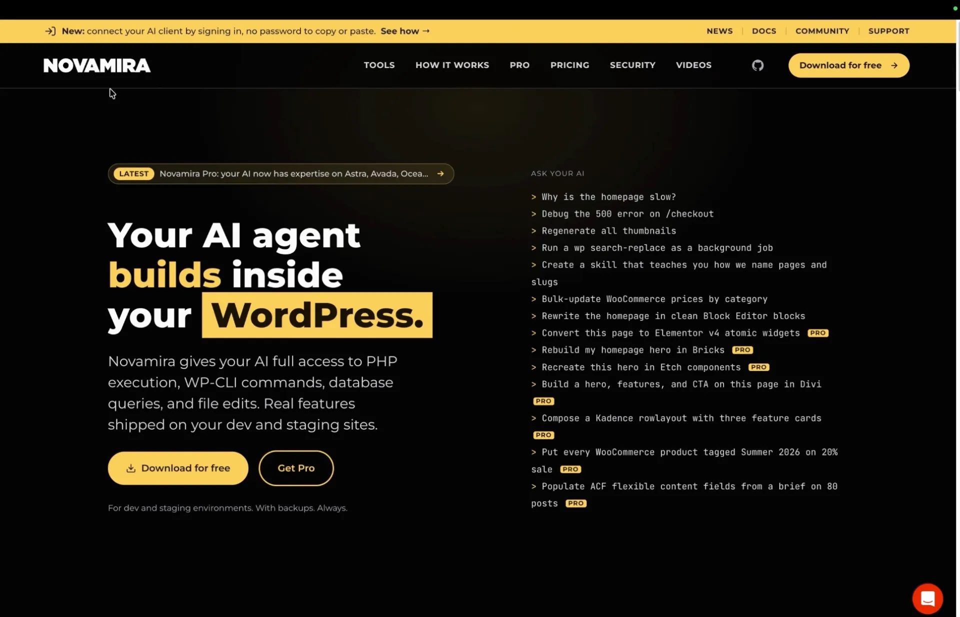 Page d'accueil Novamira présentant un agent IA qui crée du contenu pour WordPress, avec des options de téléchargement et d'accès PRO.