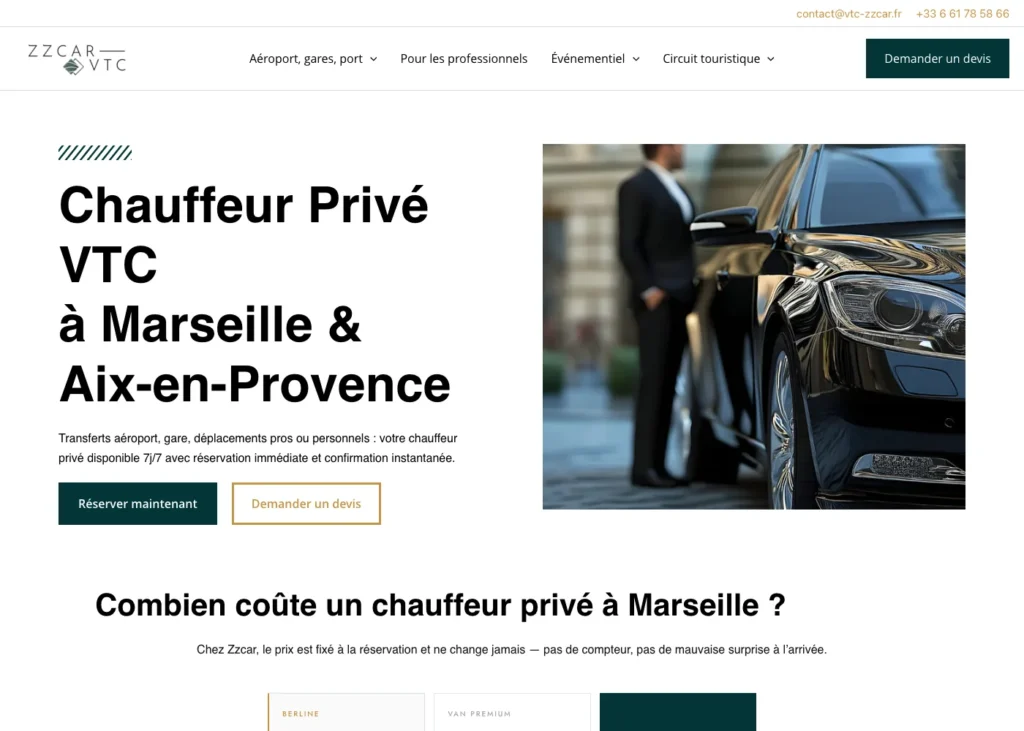 Exemple de site internet de chauffeur VTC avec réservation en ligne : page d’accueil