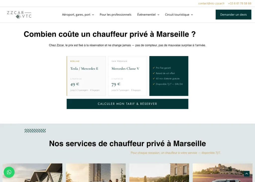 Exemple de site internet de chauffeur VTC : grille tarifaire et bouton de réservation