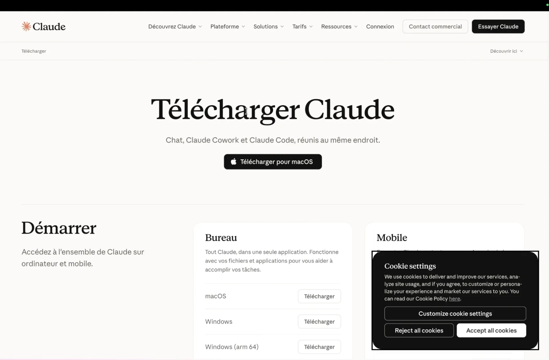 Page de téléchargement de l'application Claude pour macOS, Windows et ARM 64, ainsi que des versions bureau et mobile.