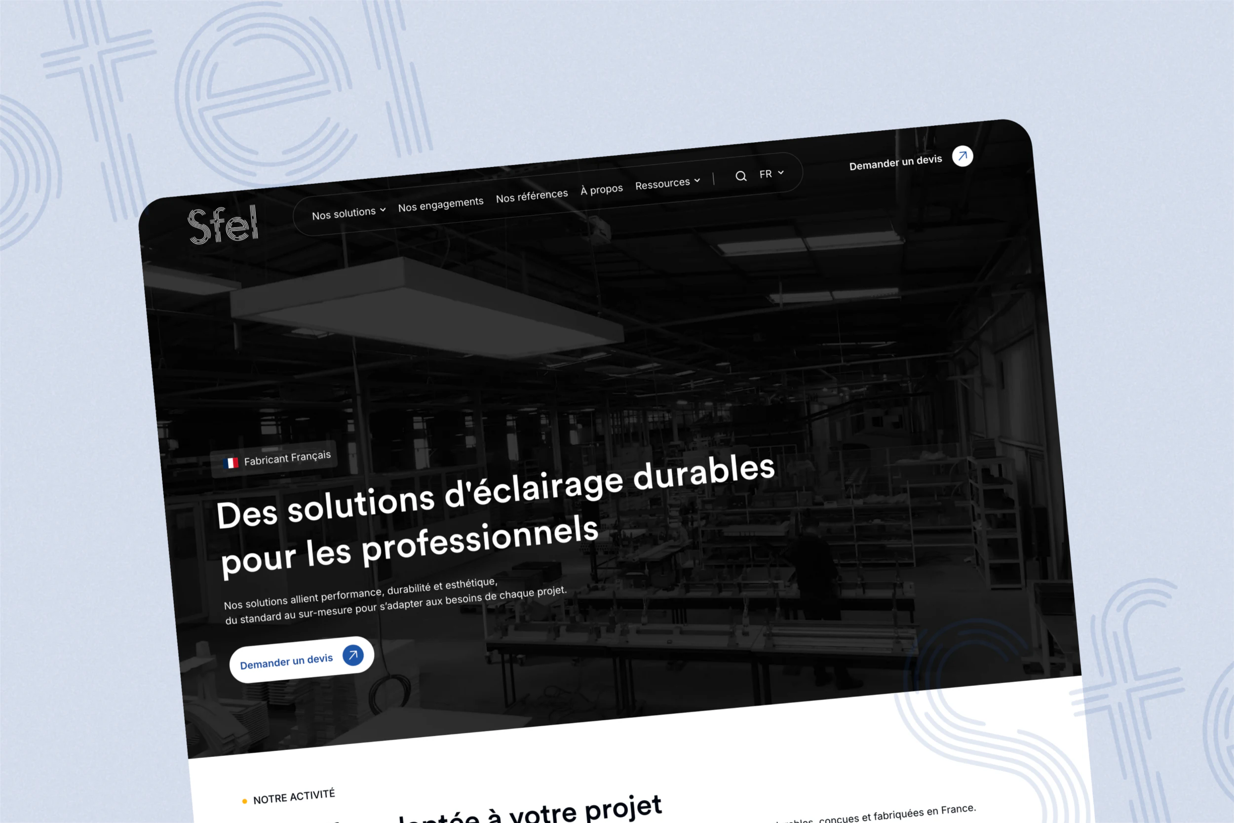Page d’accueil du site Sfel, fabricant de luminaires professionnels