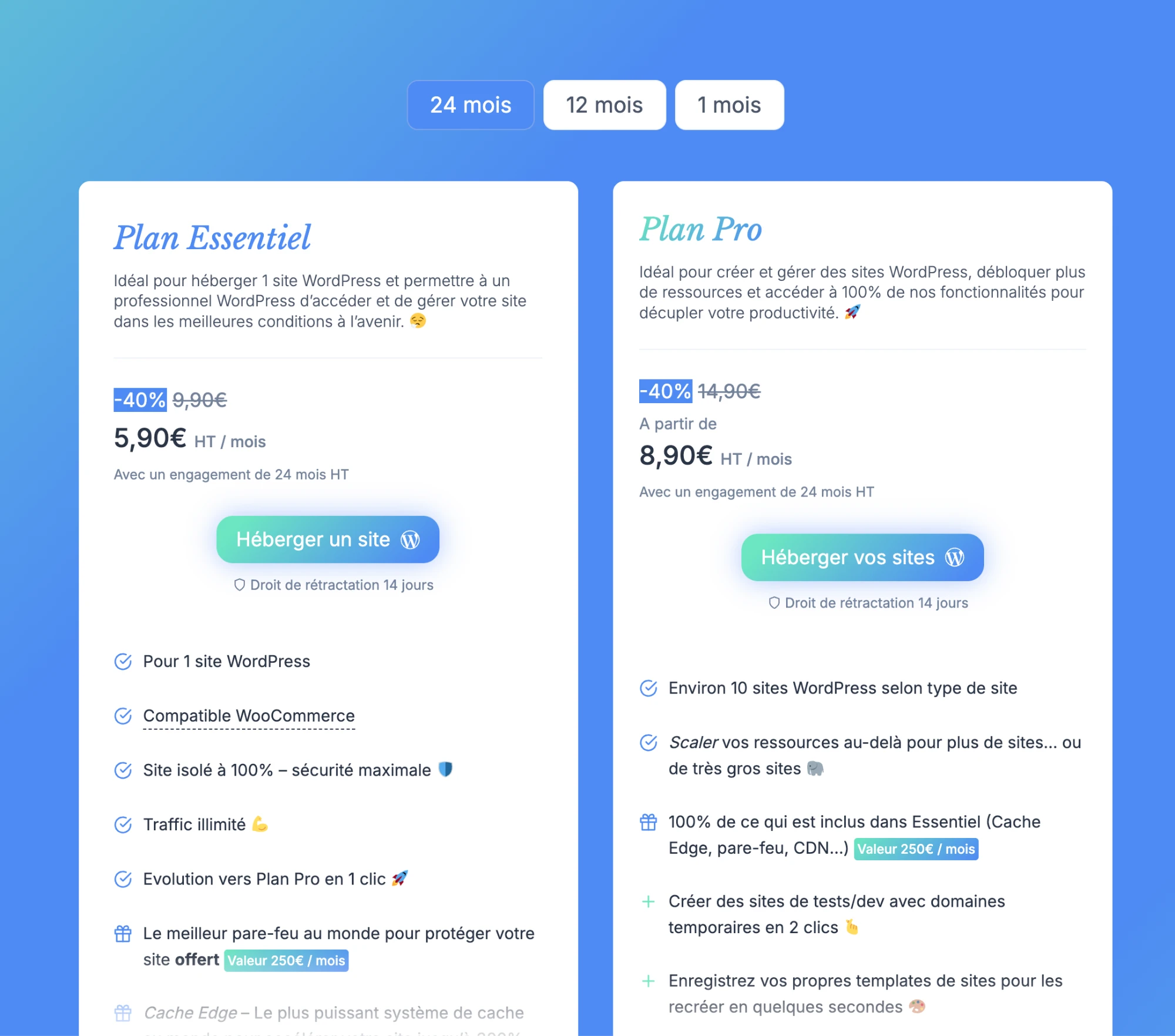 Tarifs Copilhost hébergement WordPress : Plan Essentiel à 5,90 € et Plan Pro à 8,90 € HT par mois